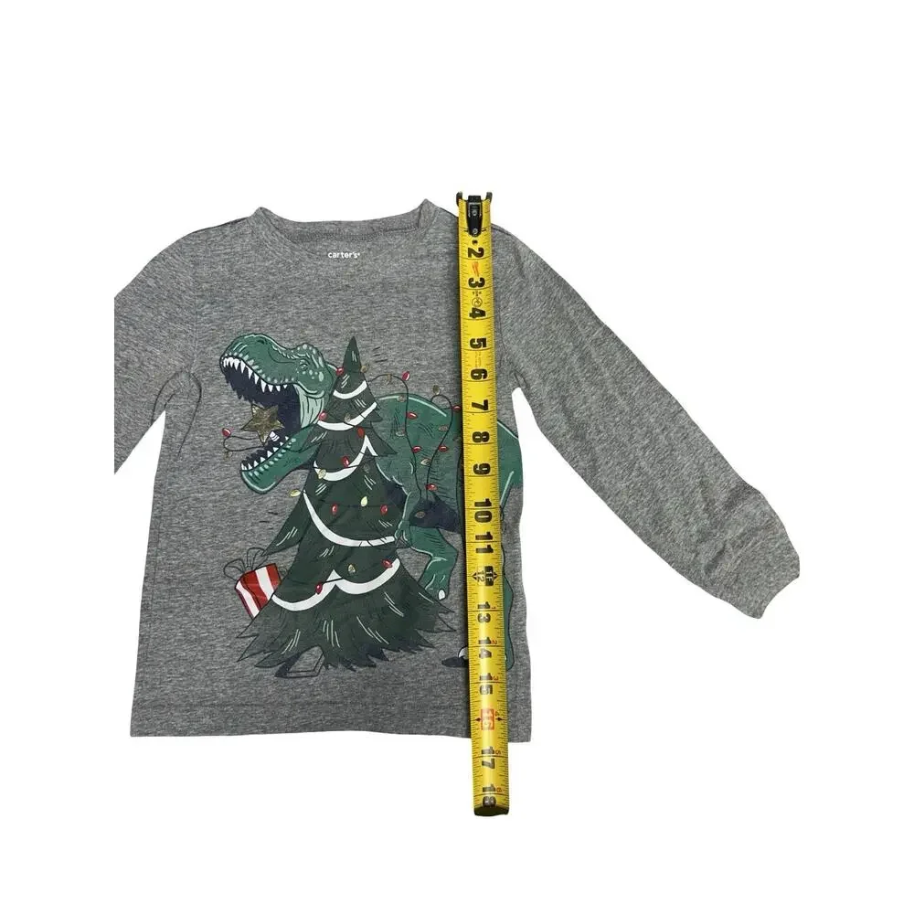 Carter’s Dinosaur Christmas T Rex Gray Long Sleeve Shirt Toddler Boys 4T